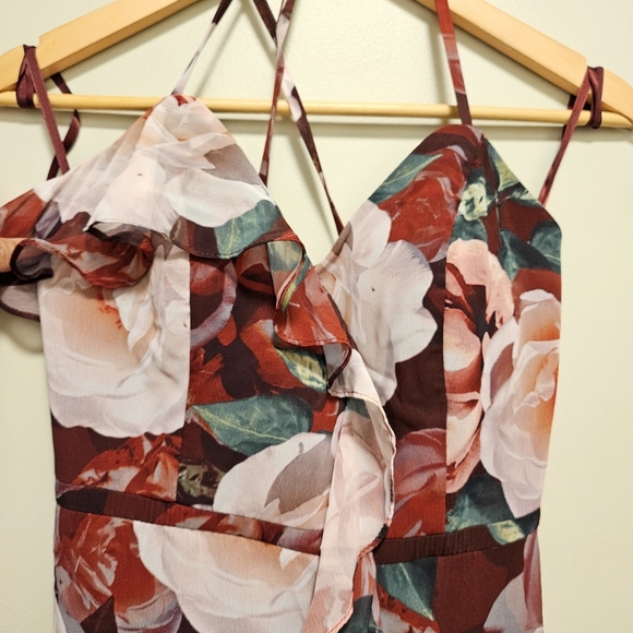 Cachet Floral Chiffon Wrap Slit Dress Cascading Ruffle Sweetheart Neckline Sz 6. - Picture 7 of 16